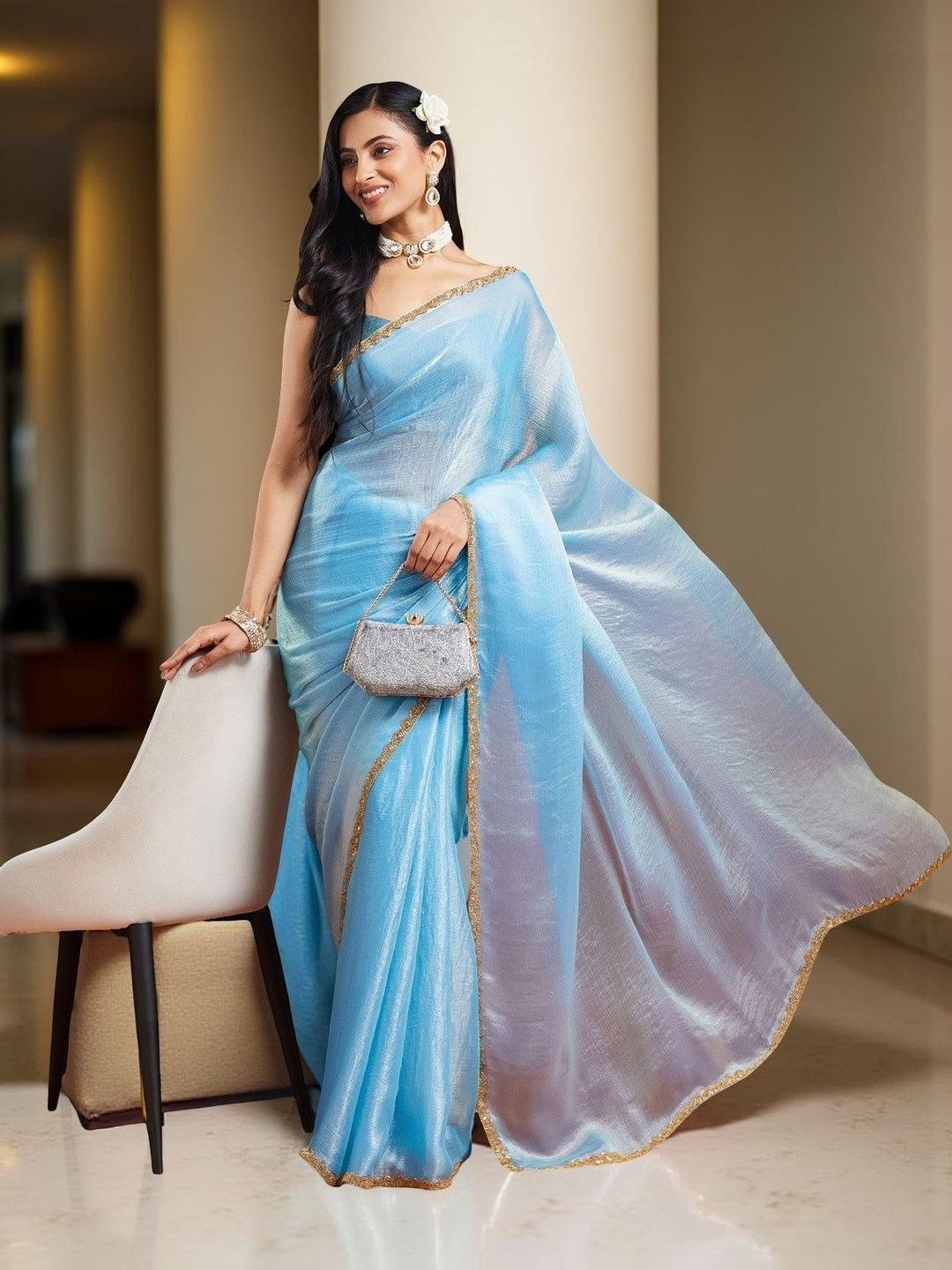 VEMEZ Beads and Stones Organza Designer Saree