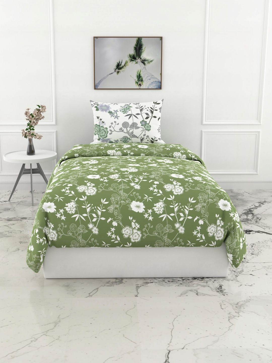 LORETO Green Floral 144 TC Single Bedsheet with 1 Pillow Covers