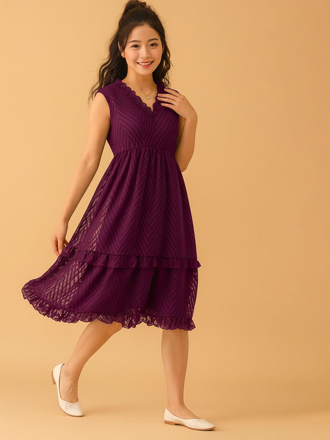 NARI DREAM Ruffled Georgette Fit & Flare Midi Dress