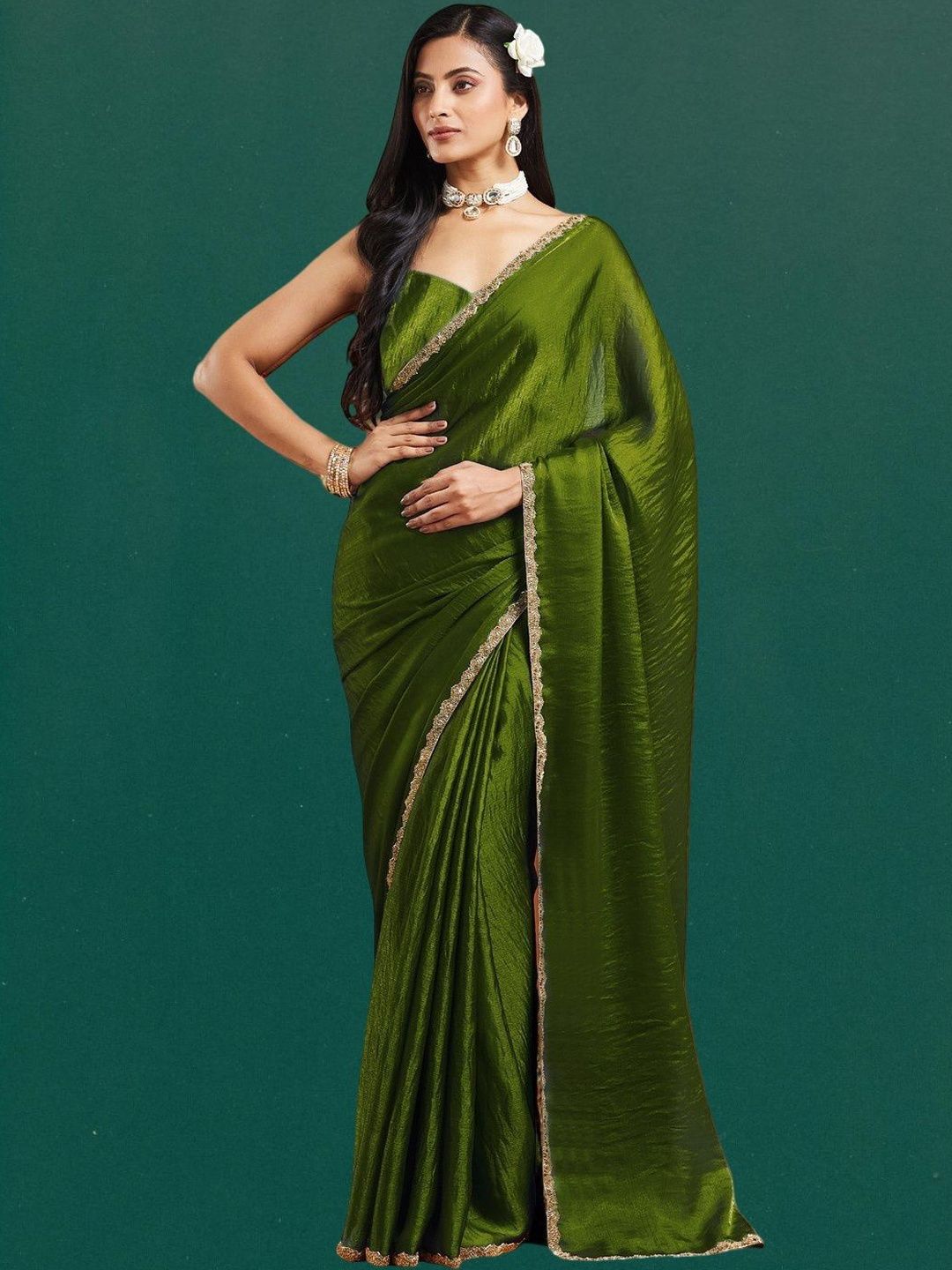 VEMEZ Beads and Stones Silk Cotton Chanderi Saree