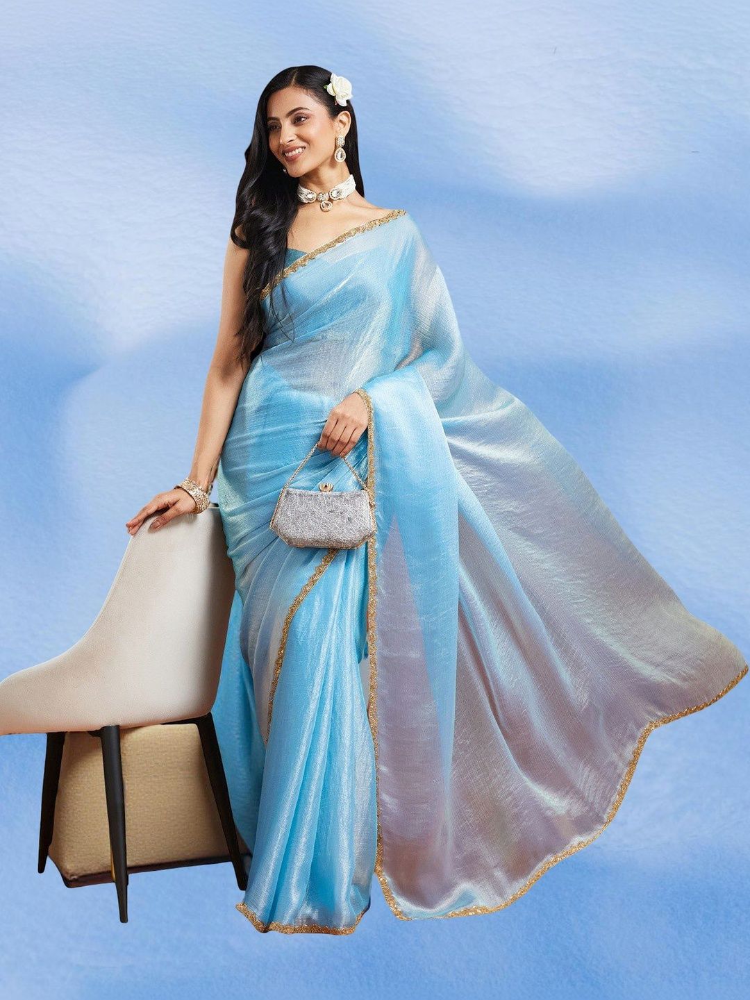 VEMEZ Beads and Stones Jute Silk Bomkai silk Saree