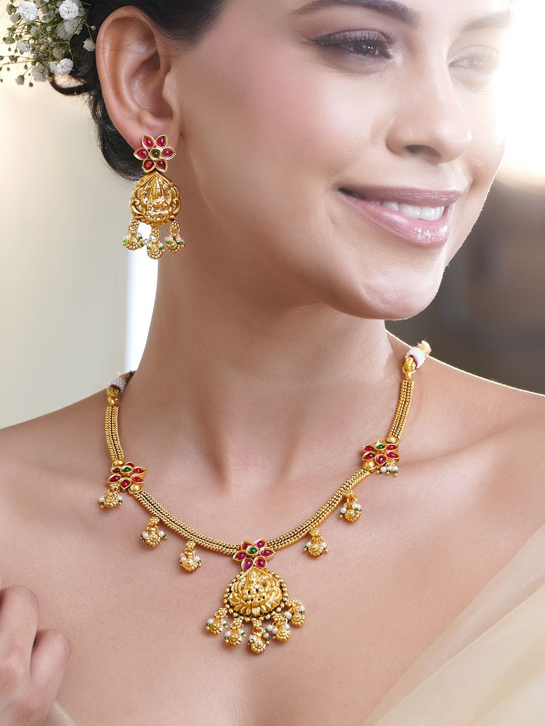 Rubans Brass Gold Plated Pearls Beaded Temple Jewellery Set