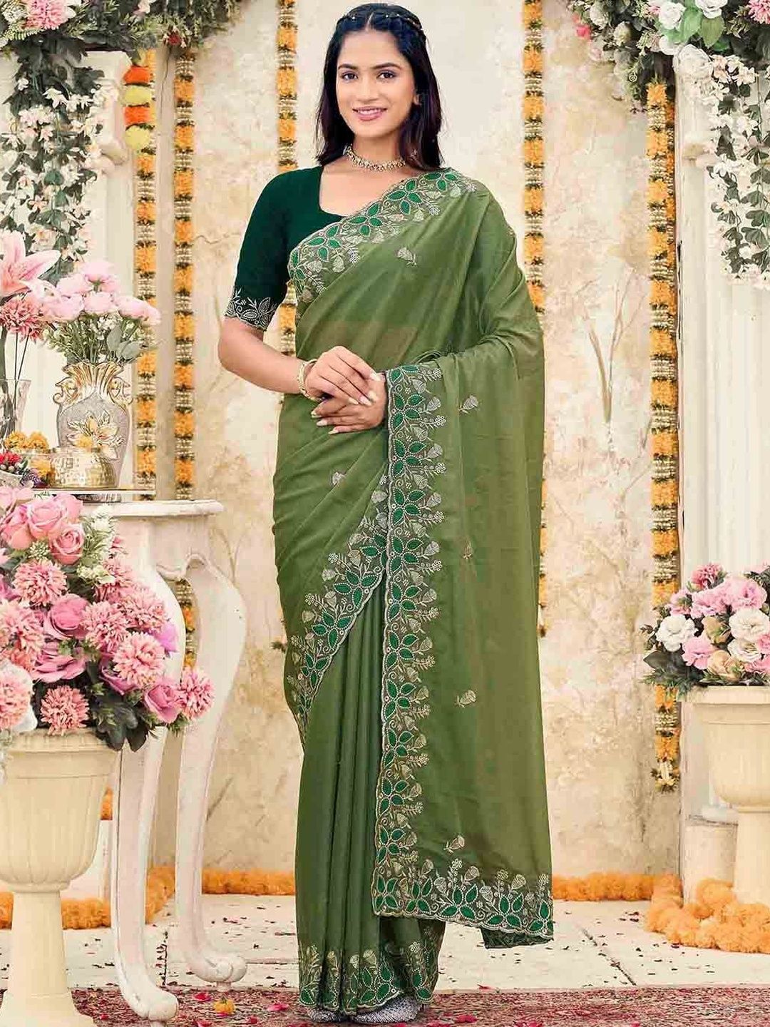 Satrani Embroidered Embellished Pure Georgette Saree with Designer Blouse