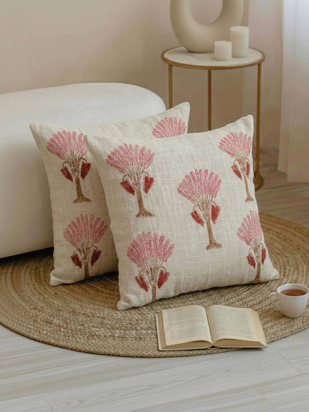 Buy DMAASA White & Pink Set Of 2 Embroidered Square Cushion Covers -  - Home for Unisex