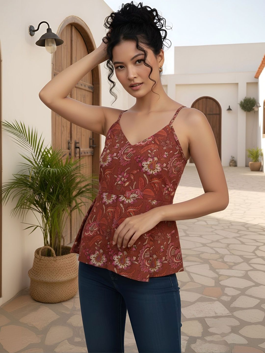 Nayo Floral Print Cotton Peplum Top