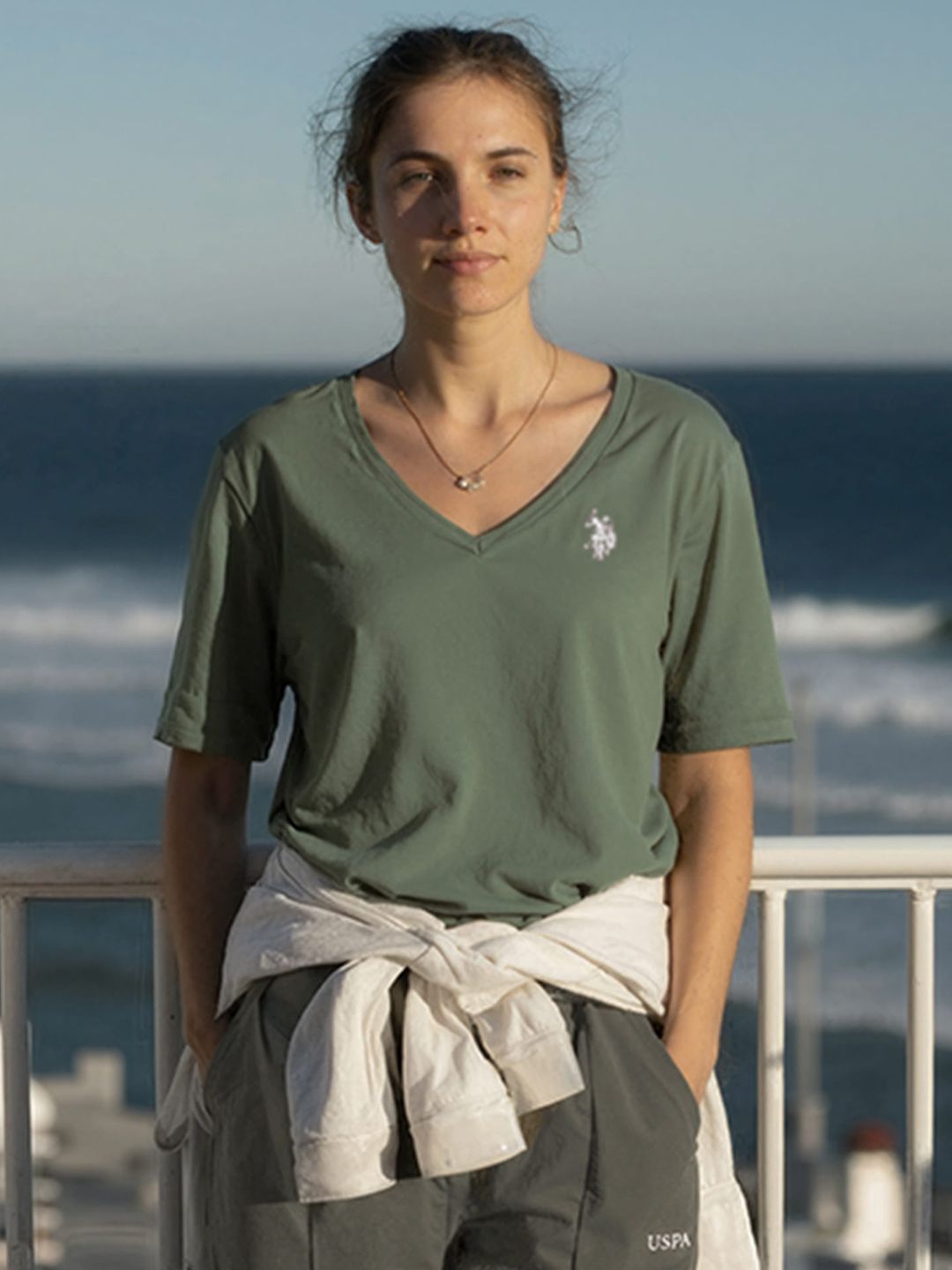 U.S. Polo Assn. Women V-Neck Drop-Shoulder Sleeves Boxy Fit T-shirt