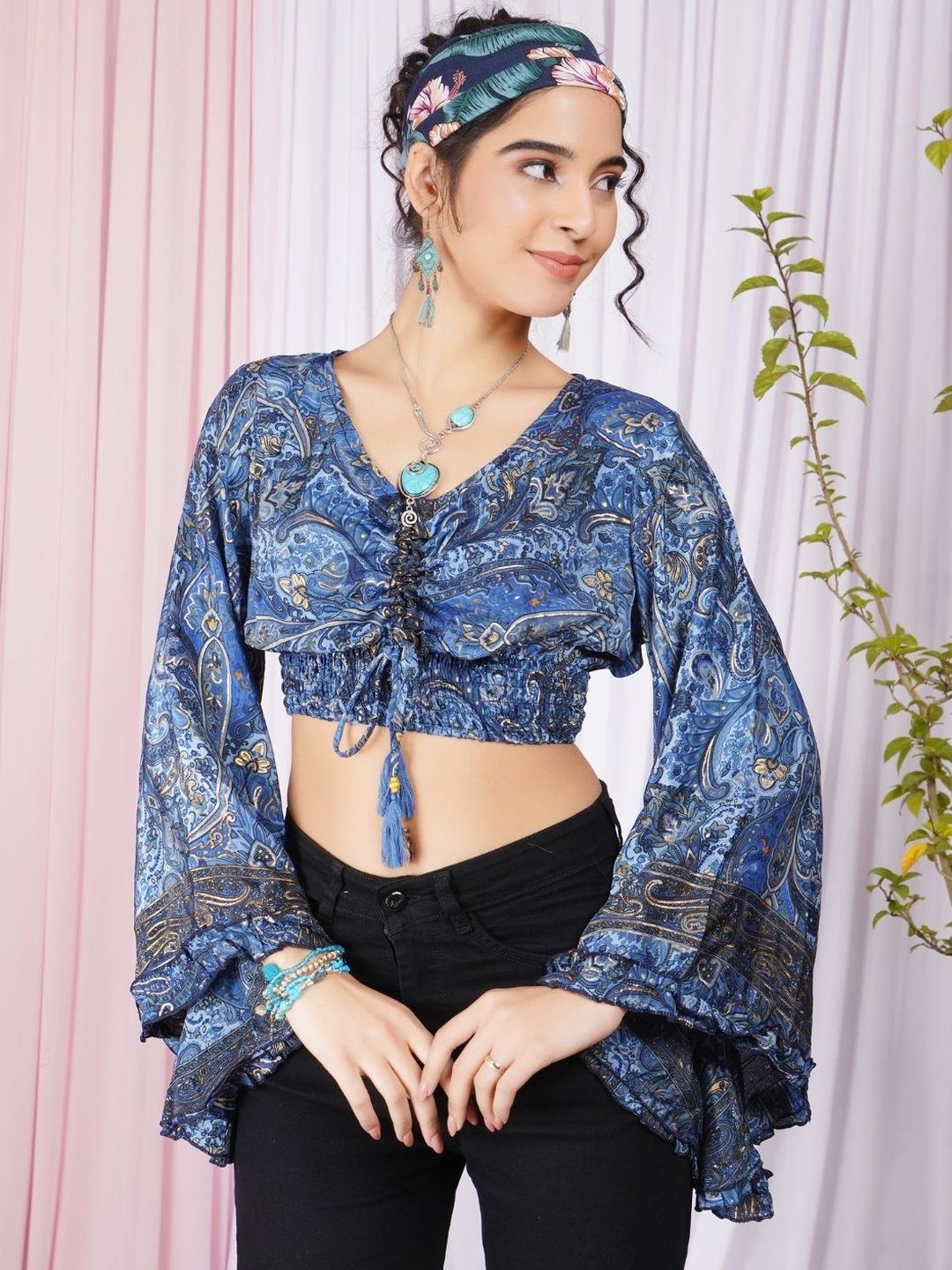 Boholyfe Ruched Aveline Gathered Paisley V-Neck Bell Sleeves Crop Top