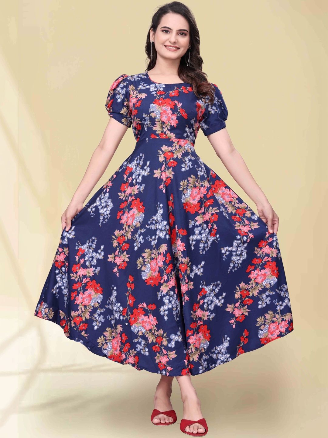 QENA Floral Print Puff Sleeve Applique Georgette Fit & Flare Midi Dress
