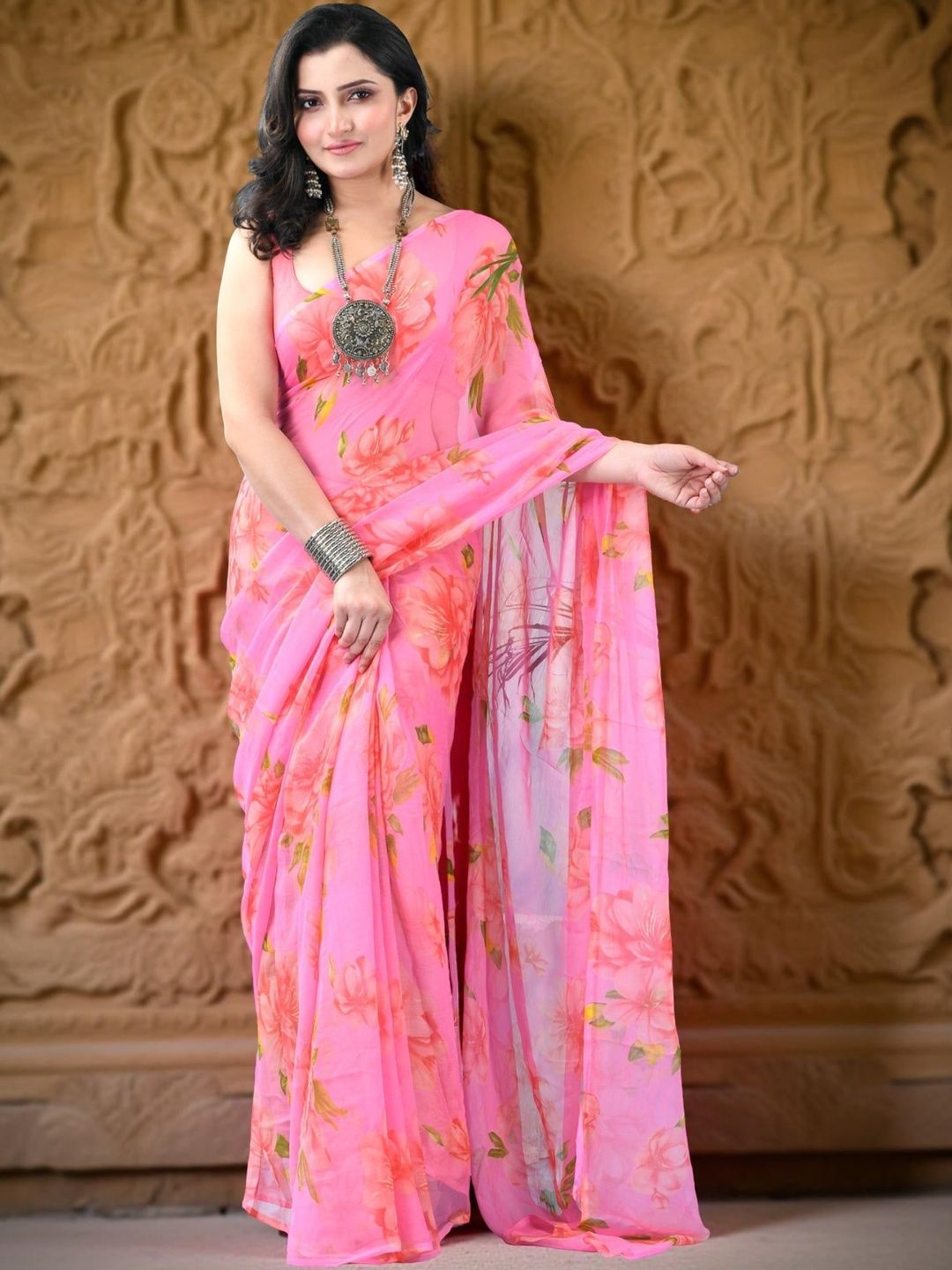 DESH BIDESH Floral Pure Chiffon Mysore Silk Saree