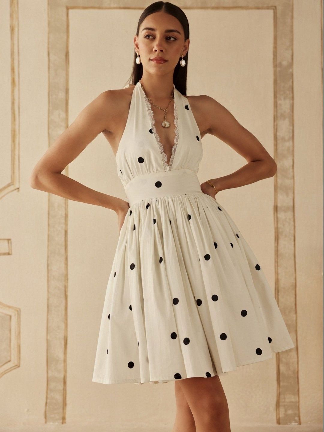 Polka Dot Print Halter Neck Fit & Flare Dress 3