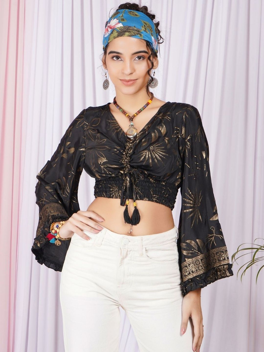 Boholyfe Aurelia Gather Gathered Abstract V-Neck Bell Sleeves Crop Top