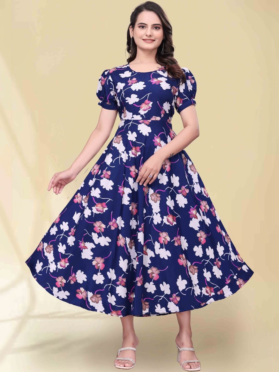 QENA Floral Print Puff Sleeve Applique Georgette Fit & Flare Midi Dress