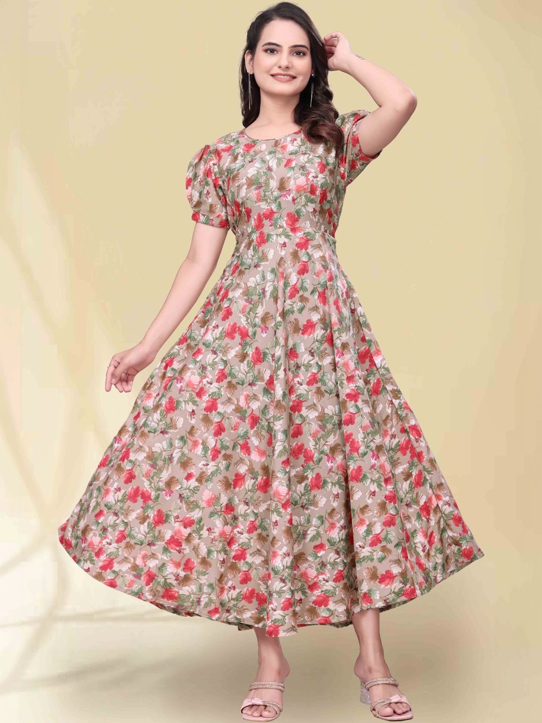 QENA Floral Print Puff Sleeve Georgette Fit & Flare Maxi Dress