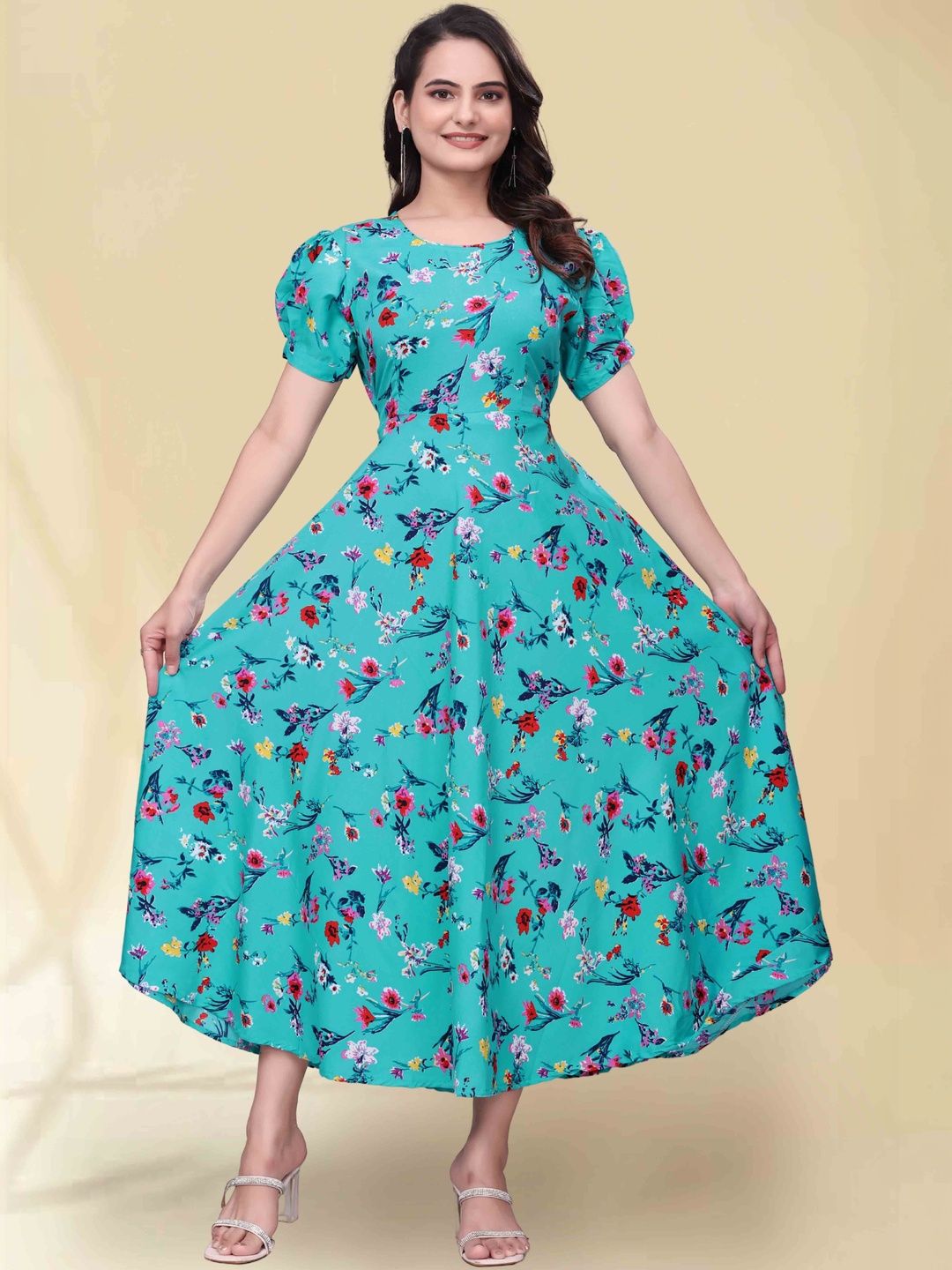 QENA Floral Print Puff Sleeve Georgette Fit & Flare Midi Dress