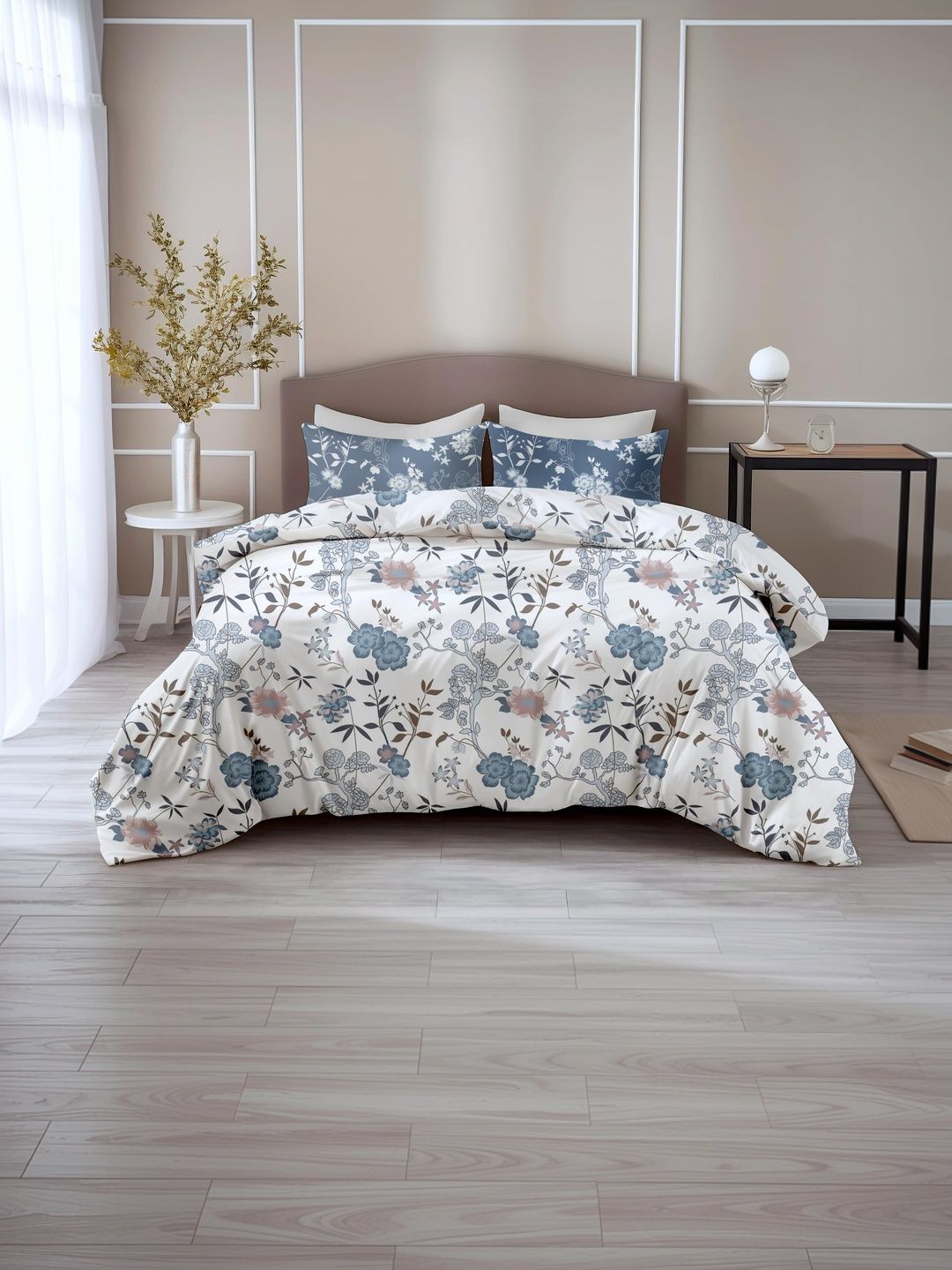 Buy LORETO White Floral 144 TC Double Bedsheet With 2 Pillow Covers -  - Home for Unisex