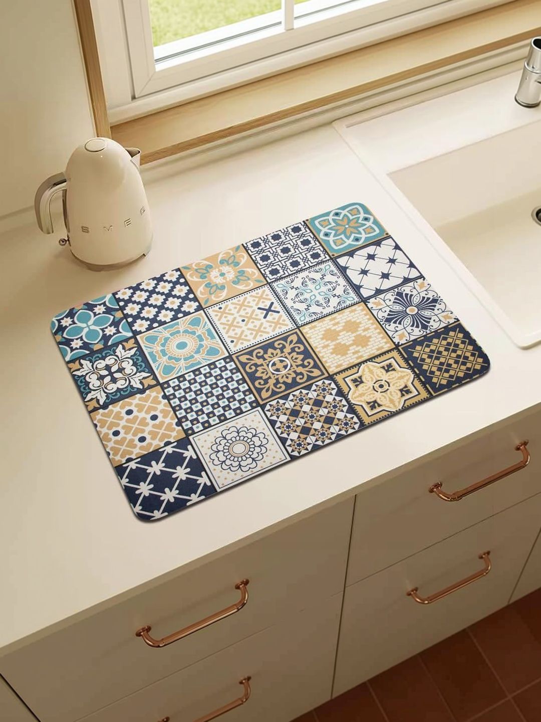 HomeCloud Navy Blue & White Printed Rubber Anti-Skid Kitchen Mat