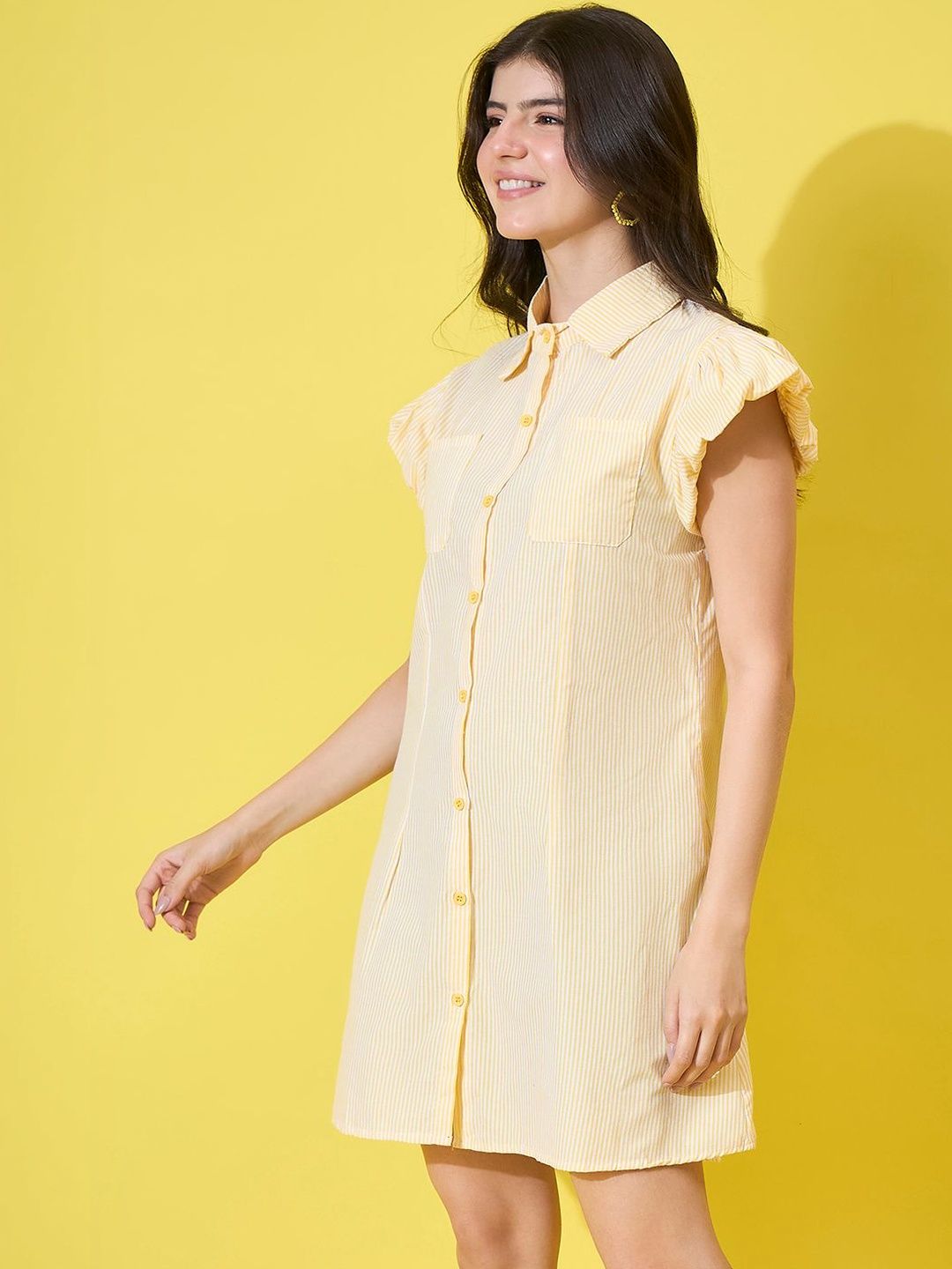 IQOA Striped Flutter Sleeve Shirt Mini Dress