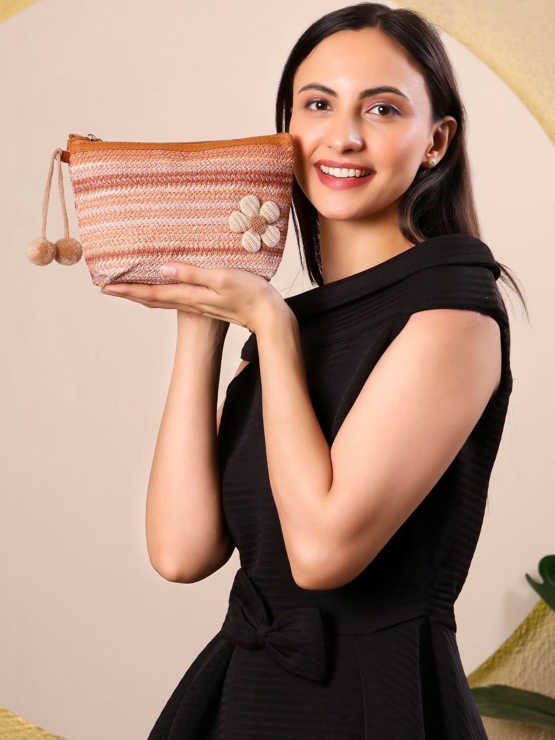 Abbana Peach Jute Makeup Pouch For Women - Travel Toiletry & Cosmetic Organizer Bag