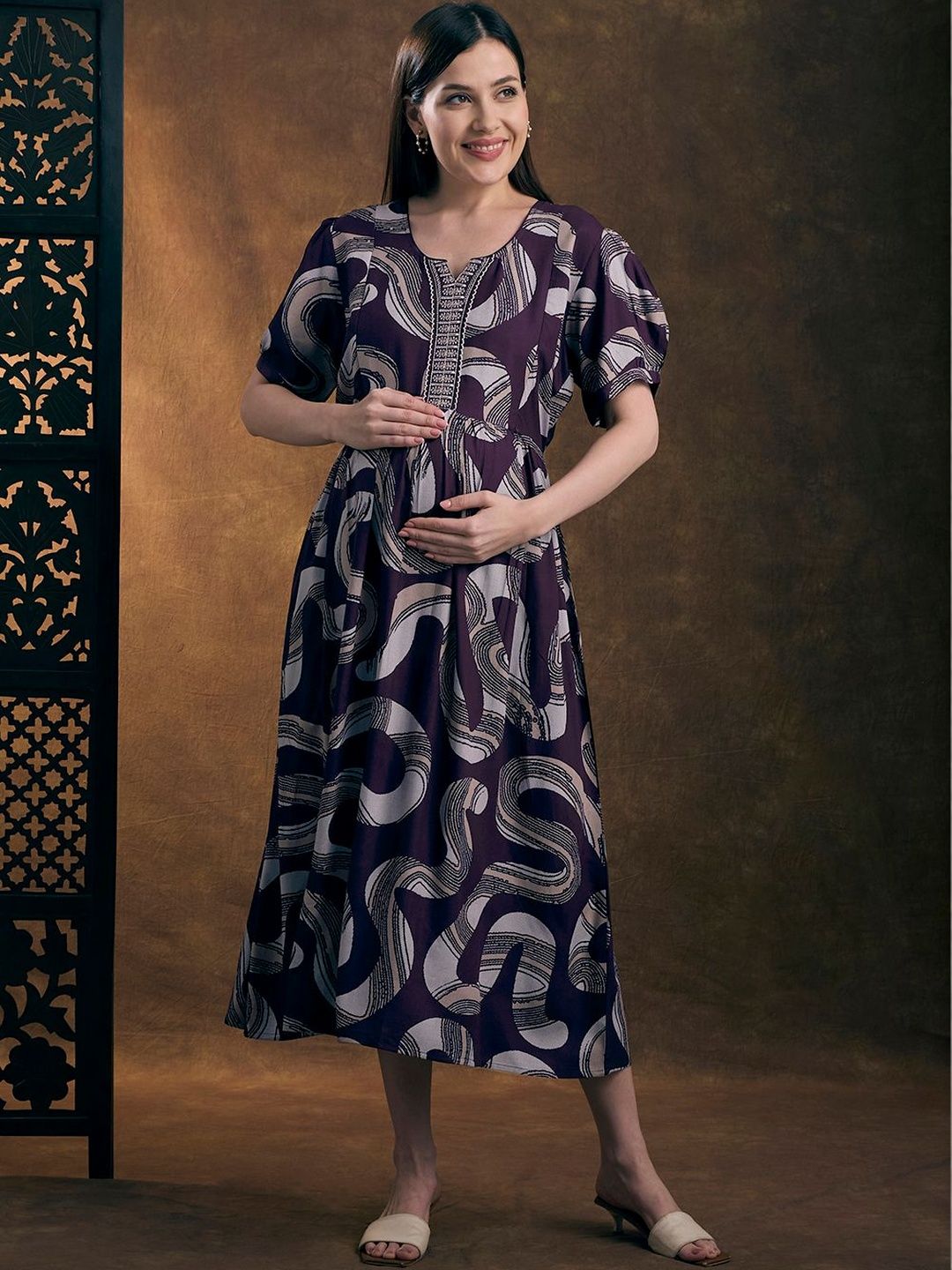 NIGHTSPREE Print Puff Sleeve A-Line Midi Dress