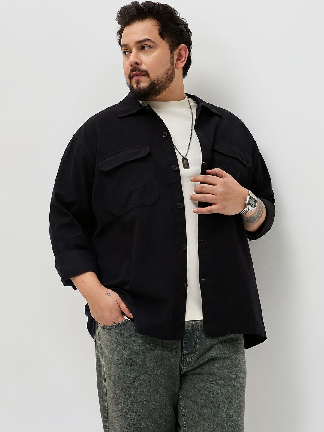 Urbano Plus Cotton Spread Collar Relaxed Fit Shacket