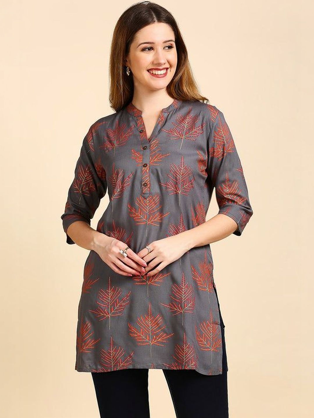 Charnest Viscose Rayon Mandarin Collar Printed Tunic
