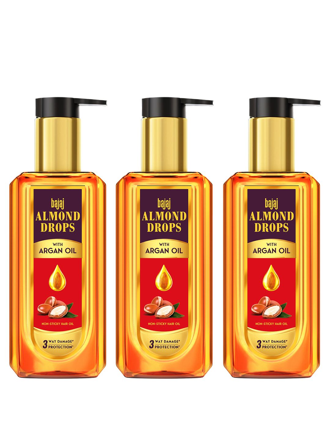 BAJAJ CONSUMER CARE Set Of 3 Almond Drops Non-Sticky Hair Oil With Argan - 200ml Each