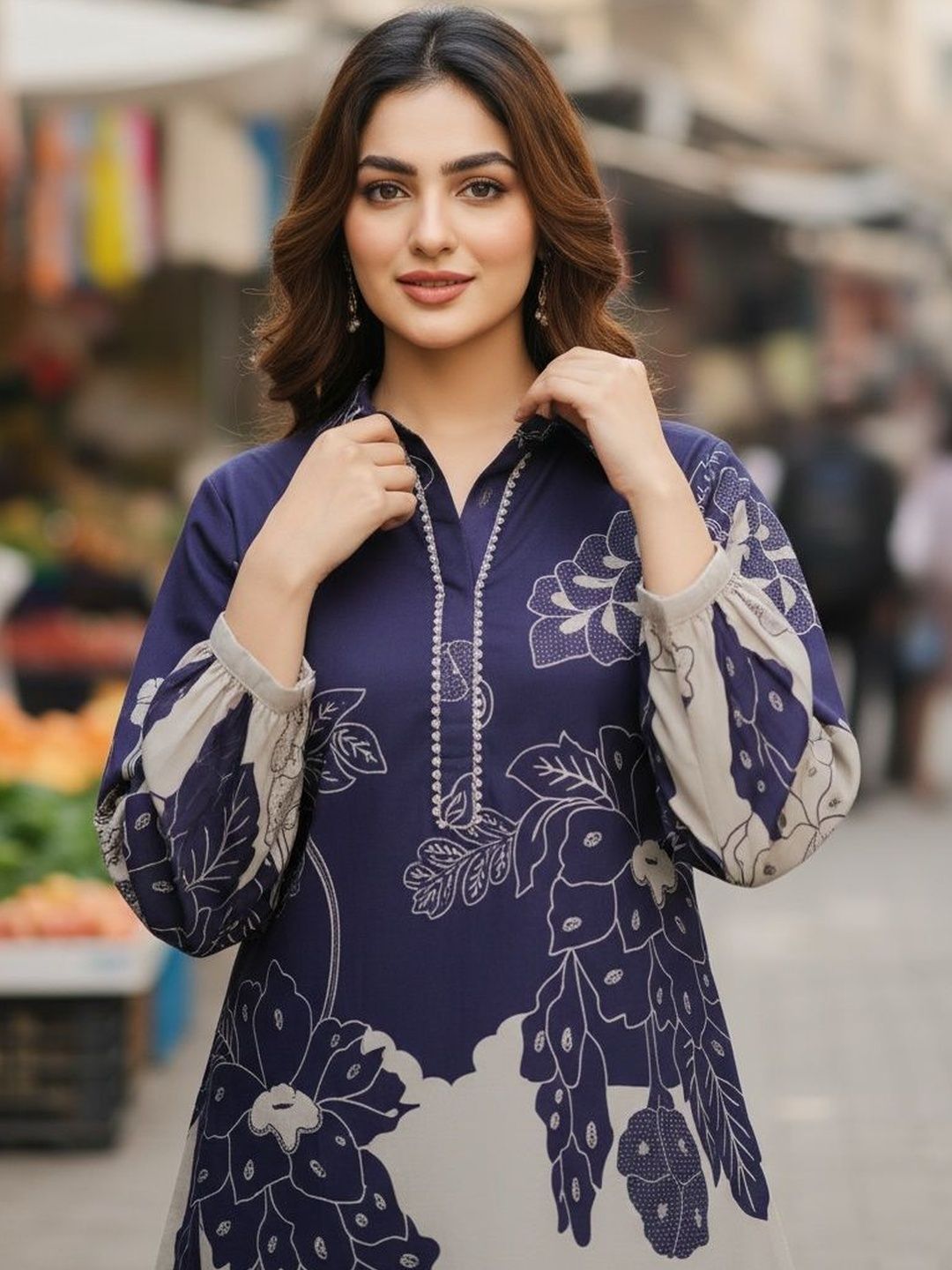 Women Navy Blue Printed Tunic with Palazzos 5