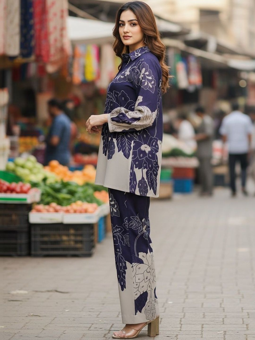 Women Navy Blue Printed Tunic with Palazzos 3