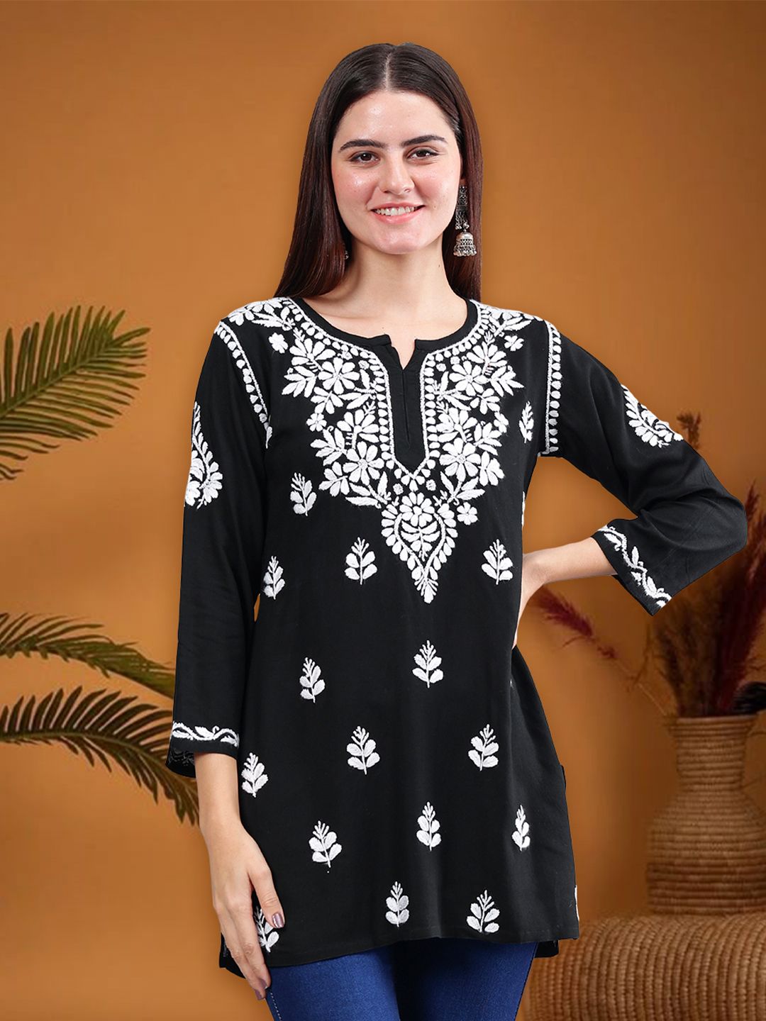 Seva Chikan Ethnic Motifs Embroidered Three-Quarter Sleeves Round Neck Chikankari Kurti