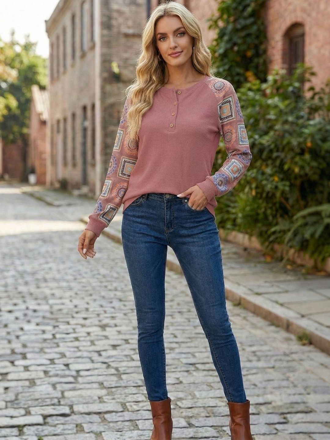 FERY LONDON Women Printed Henley Neck T-shirt