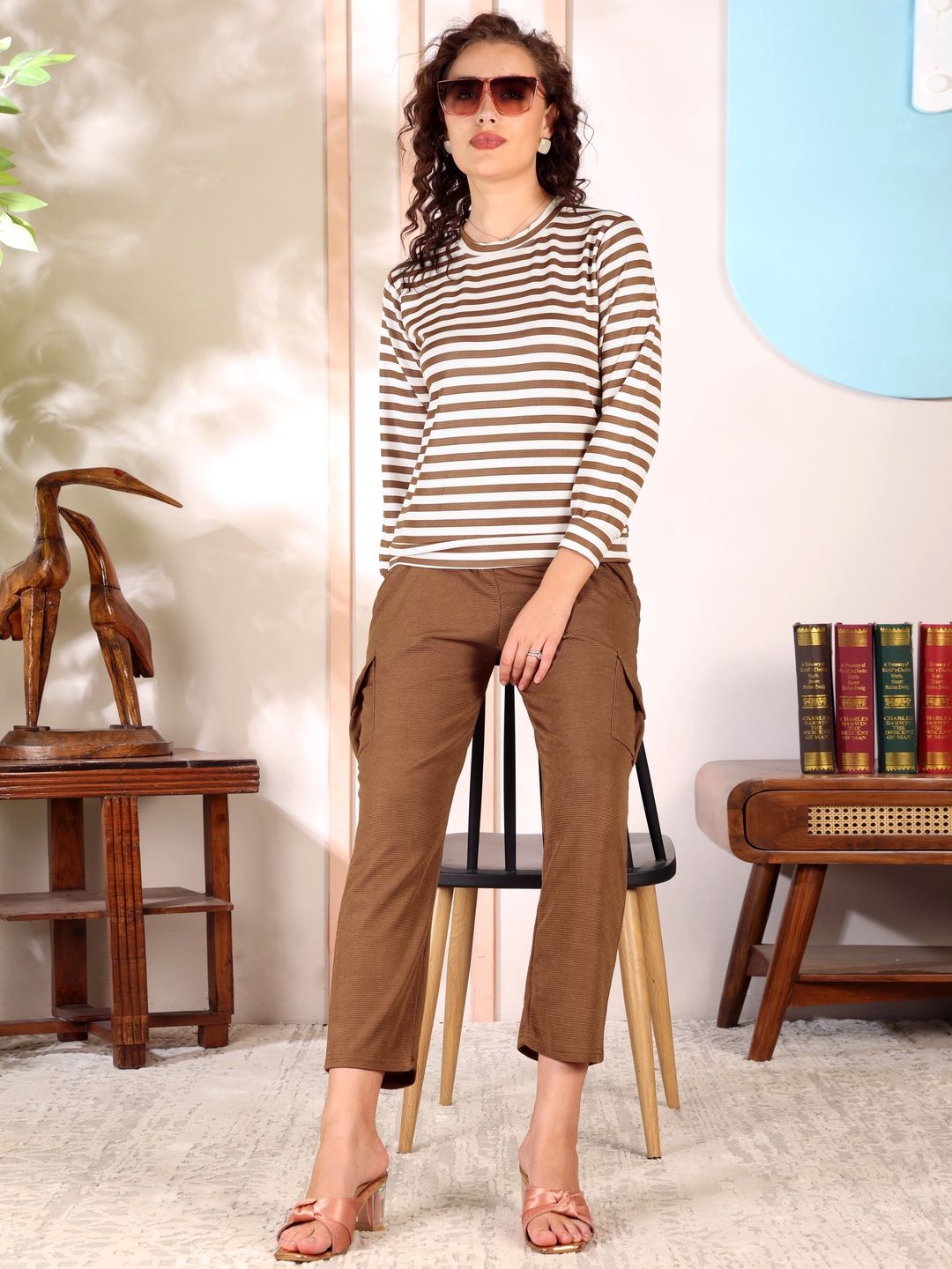 SAKARMAA Striped Round-Neck Top with Trousers Co-Ord Set