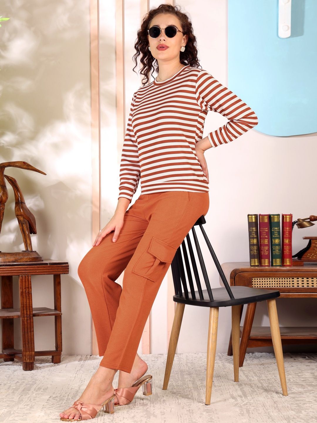 SAKARMAA Striped Round-Neck Top with Trousers Co-Ord Set