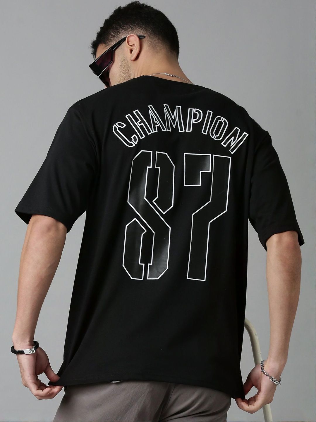 LEWEL Men Typography Printed Round Neck Cotton Oversized T-shirt