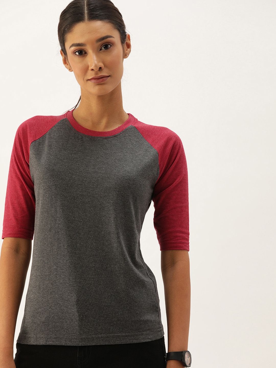 PINACOLADA Women Grey & Maroon Solid Top