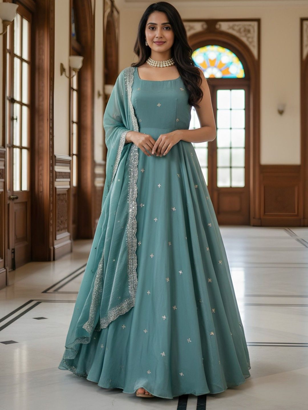 Panzora Women Ethnic Motifs Embroidered Panelled Sequinned Kurta with Trousers & With Dupatta