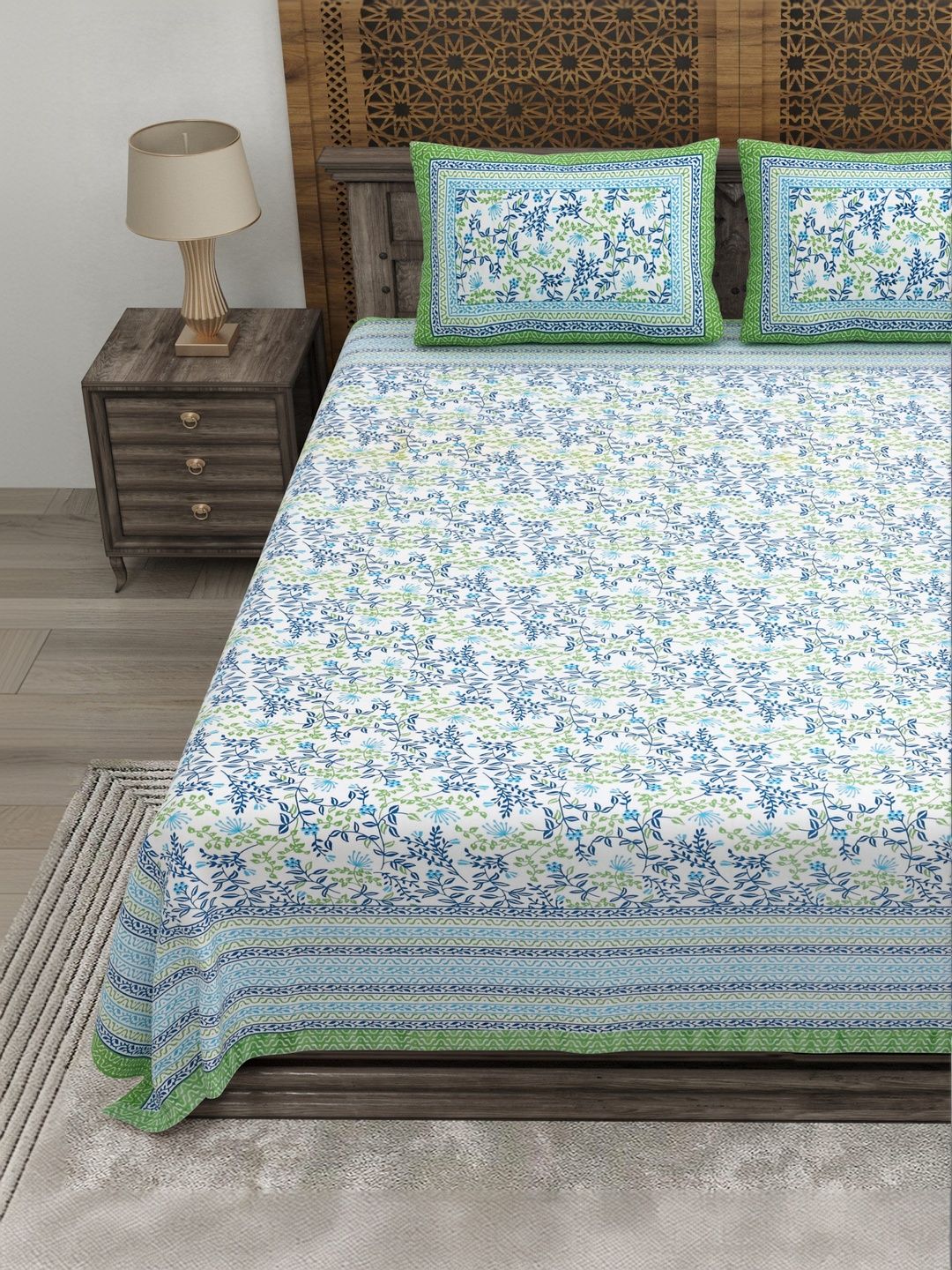 CLOTHOLOGY Verdant Green & Azure Vine The Heritage Bagh Cotton Double Flat 180 TC Jaipuri Prints Bedsheet Set