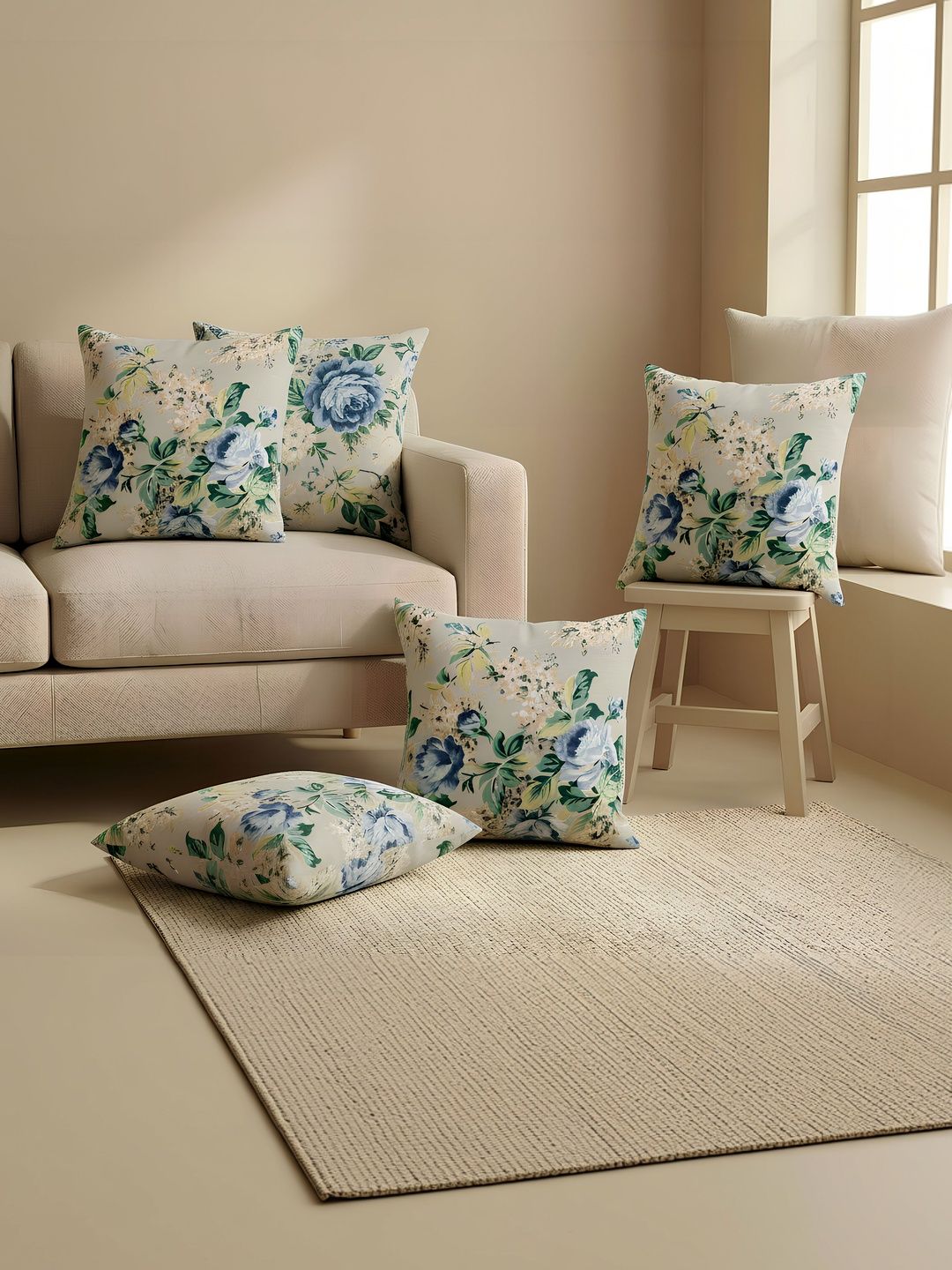 The Home Story Multicoloured  Set of 5 Floral Square Cotton Cushion Covers 16 Inches