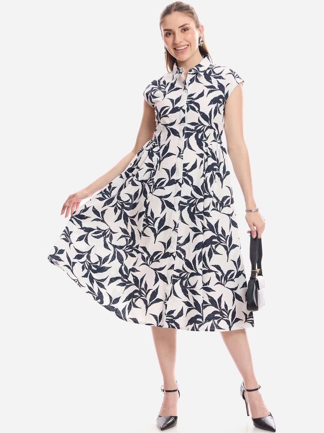 Virgio Women Printed Cotton Extended Sleeves Gathered Shirt Midi Dress