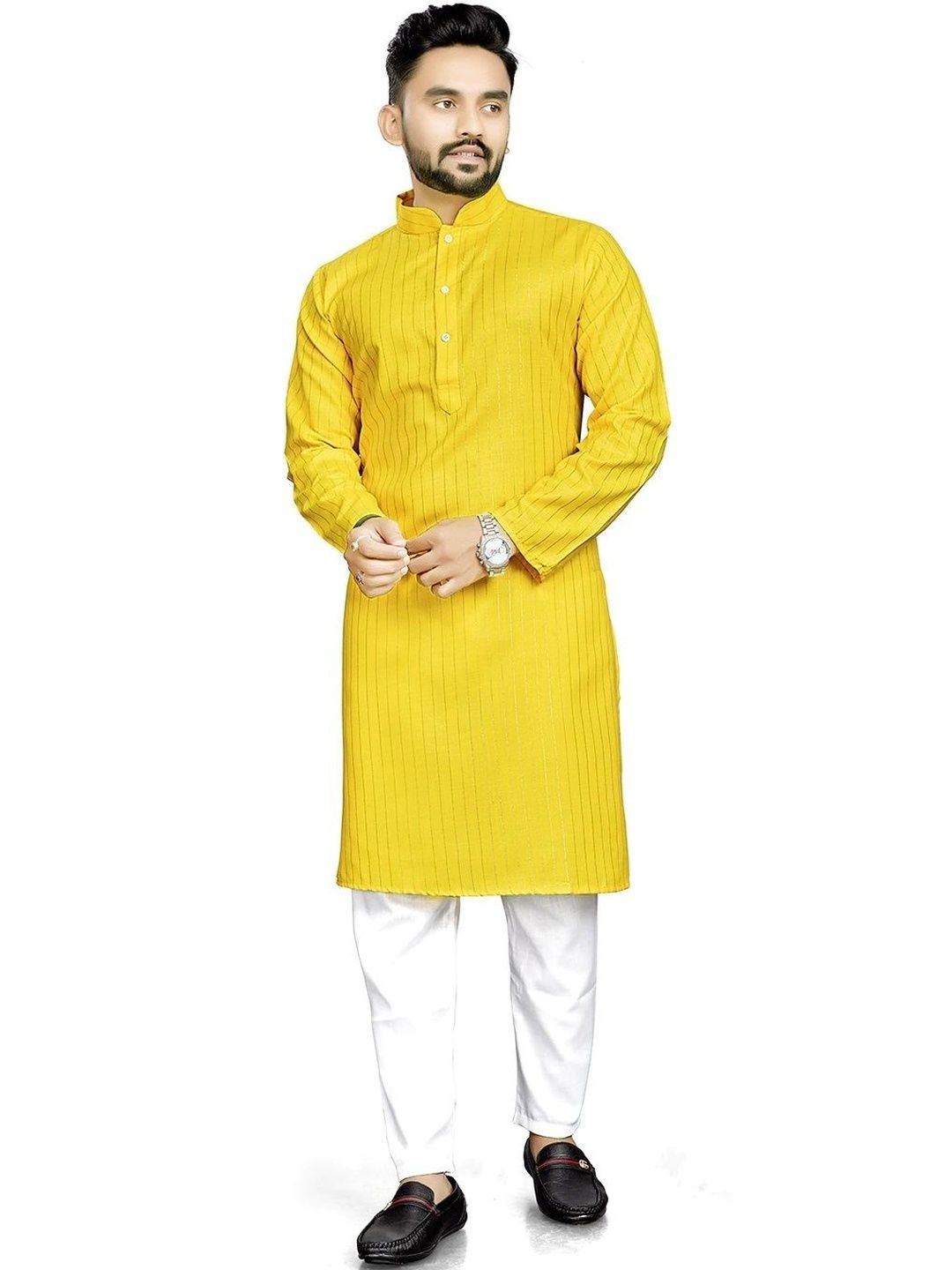 Enmozz Men Solid Mandarin Collar Cotton Blend Kurta