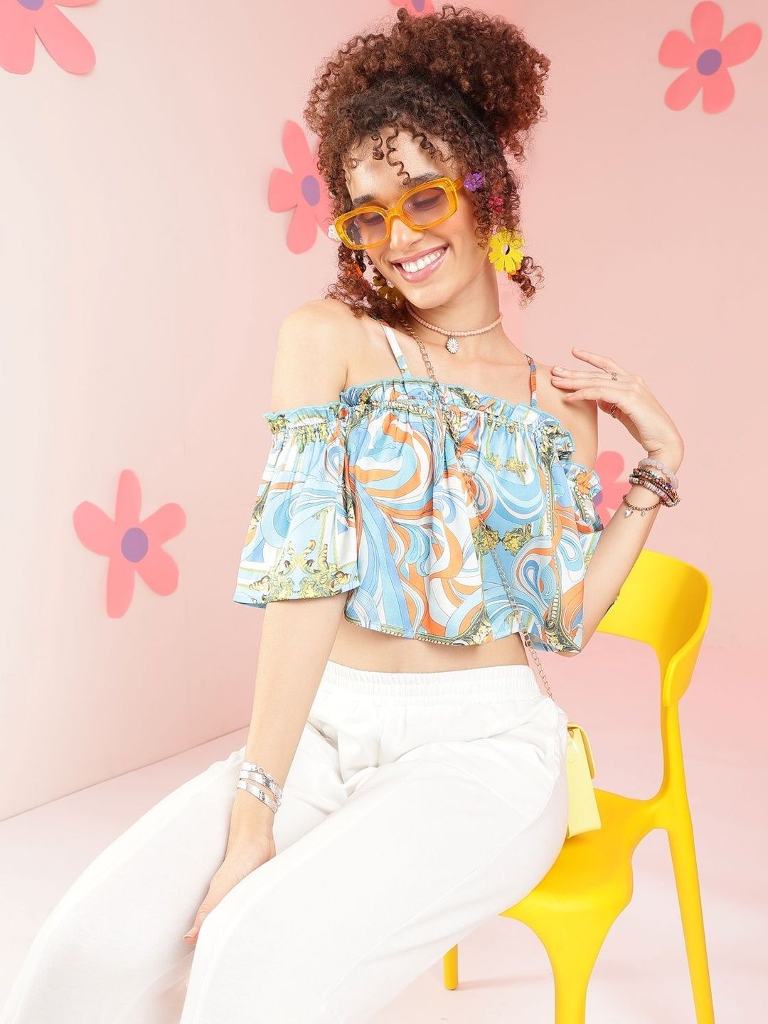 CORSICA Print Off-Shoulder Flared Sleeve Ruffles Crop Top