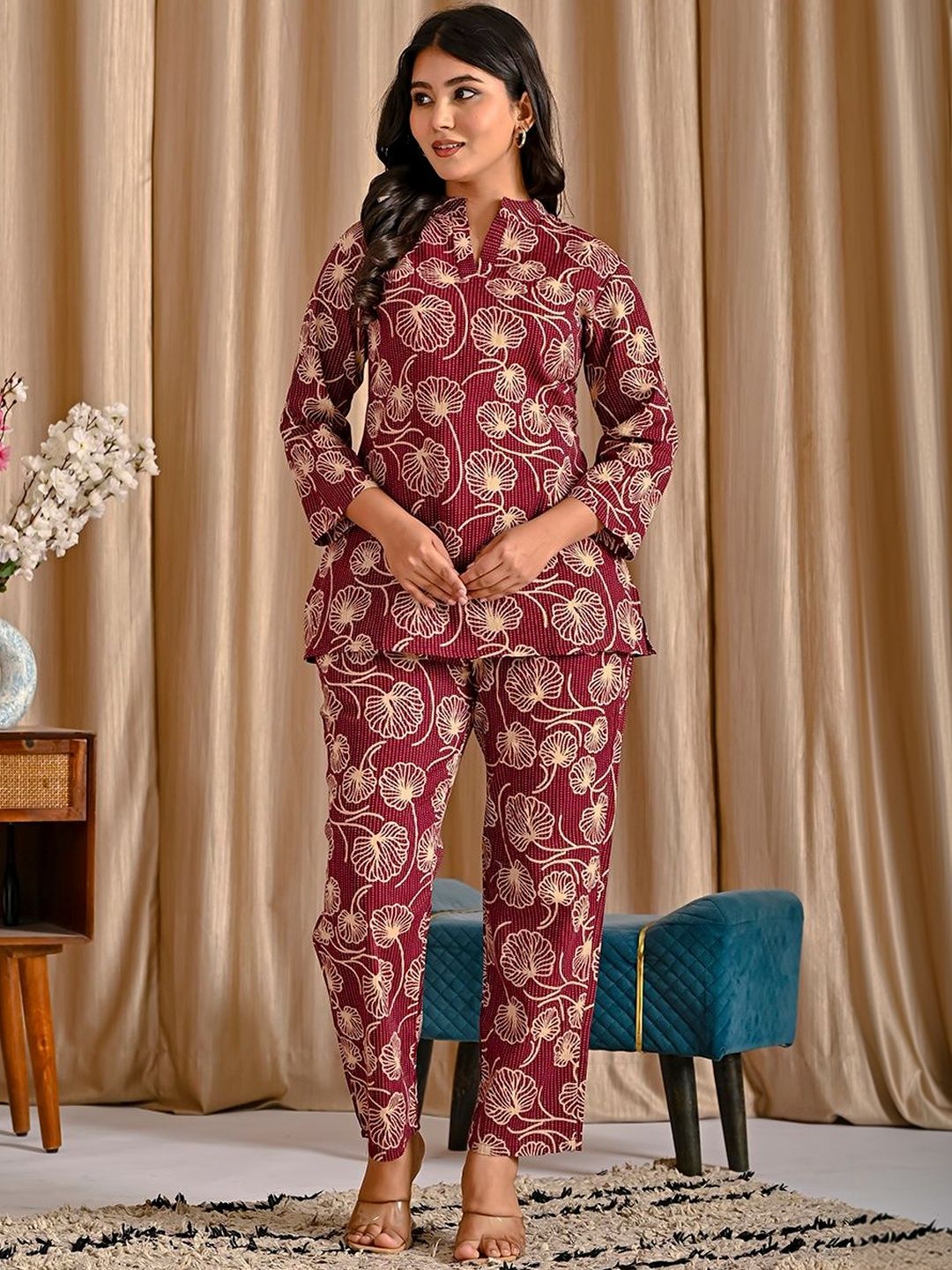 JALTHER Printed Mandarin Collar Pure Cotton Top With Palazzos Co-Ords