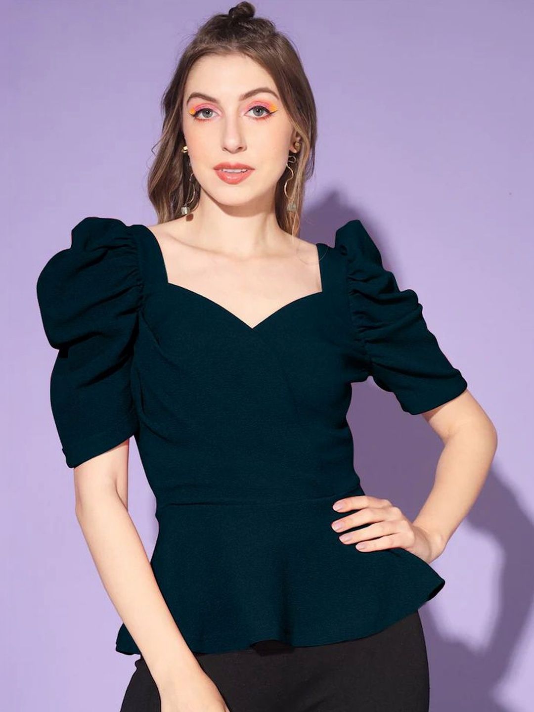 Style Go Sweetheart Neck Puff Sleeve Peplum Top