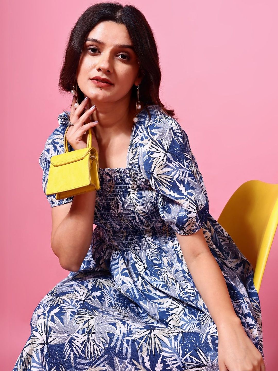 PTVIZE Floral Print Puff Sleeve Crepe A-Line Maxi Dress