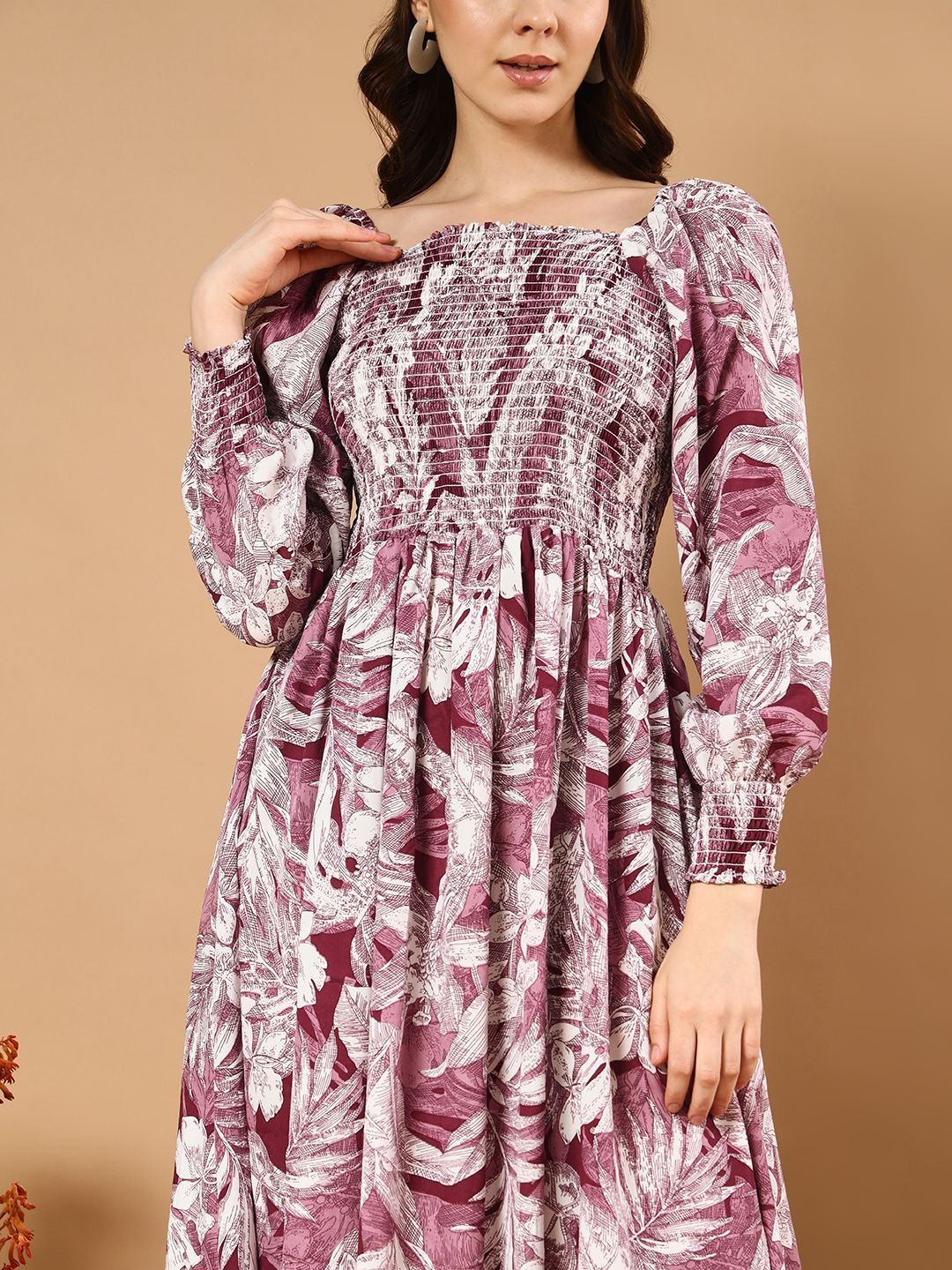 PTVIZE Floral Print Puff Sleeve Crepe A-Line Maxi Dress