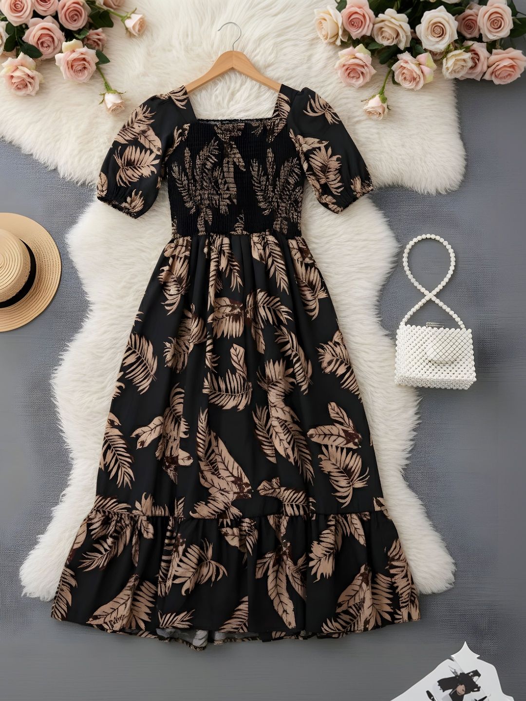 PTVIZE Black Tropical Floral Puff Sleeve Maxi Dress