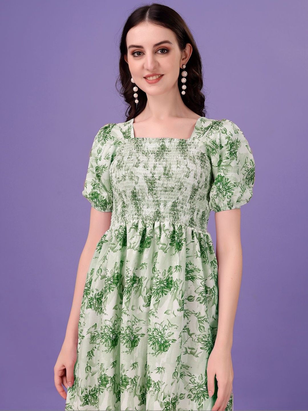 PTVIZE Floral Print Puff Sleeve Crepe A-Line Midi Dress