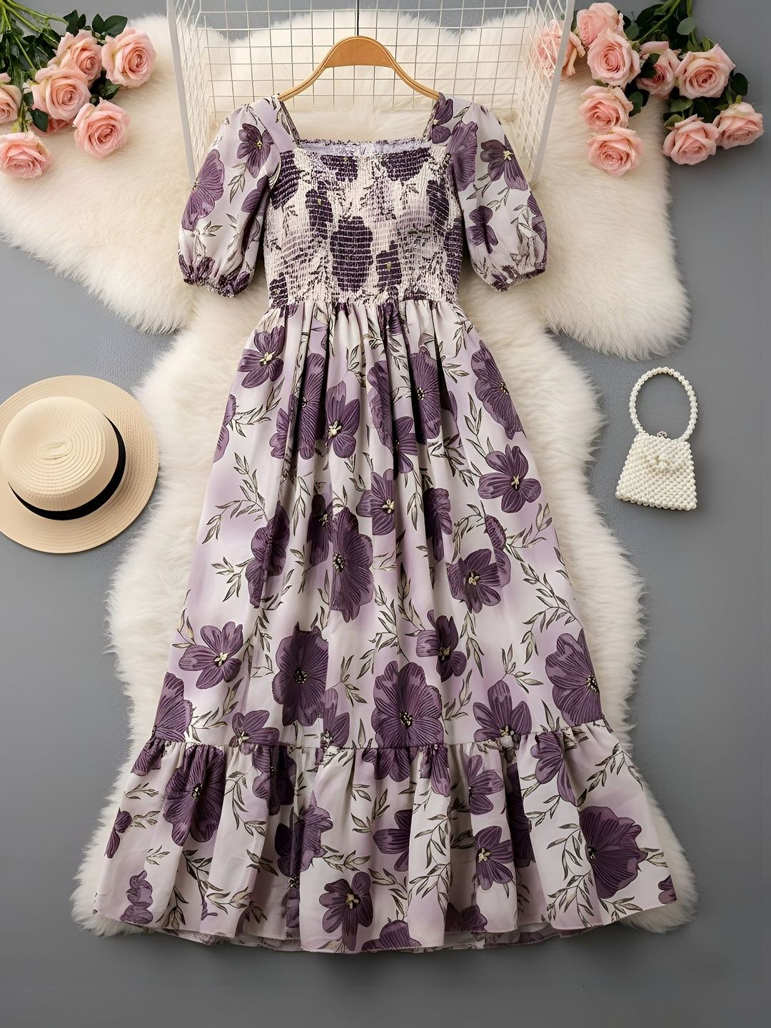 PTVIZE Floral Print Puff Sleeve Crepe A-Line Maxi Dress