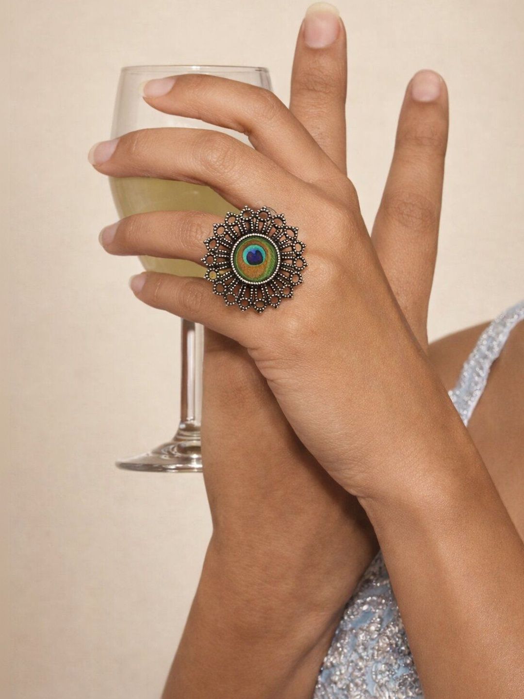 Haute Handles Peacock Feather Oxidised Statement Ring
