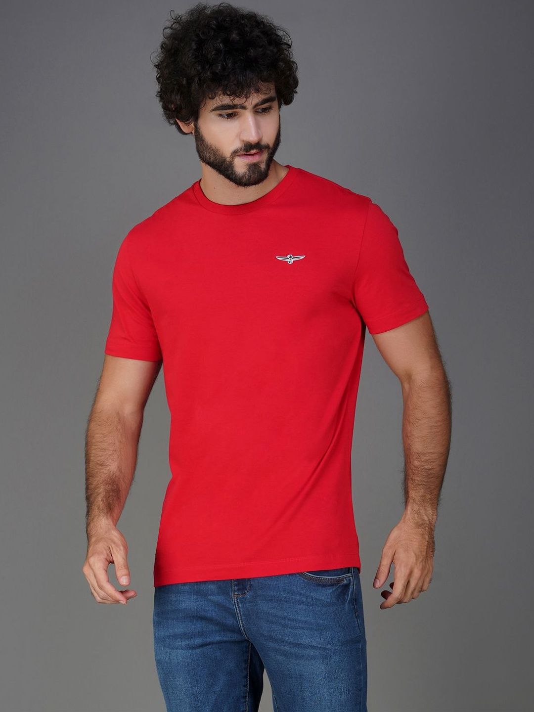 Zvezda Men Regular Fit Red Round Neck Pure Cotton Solid T-Shirt