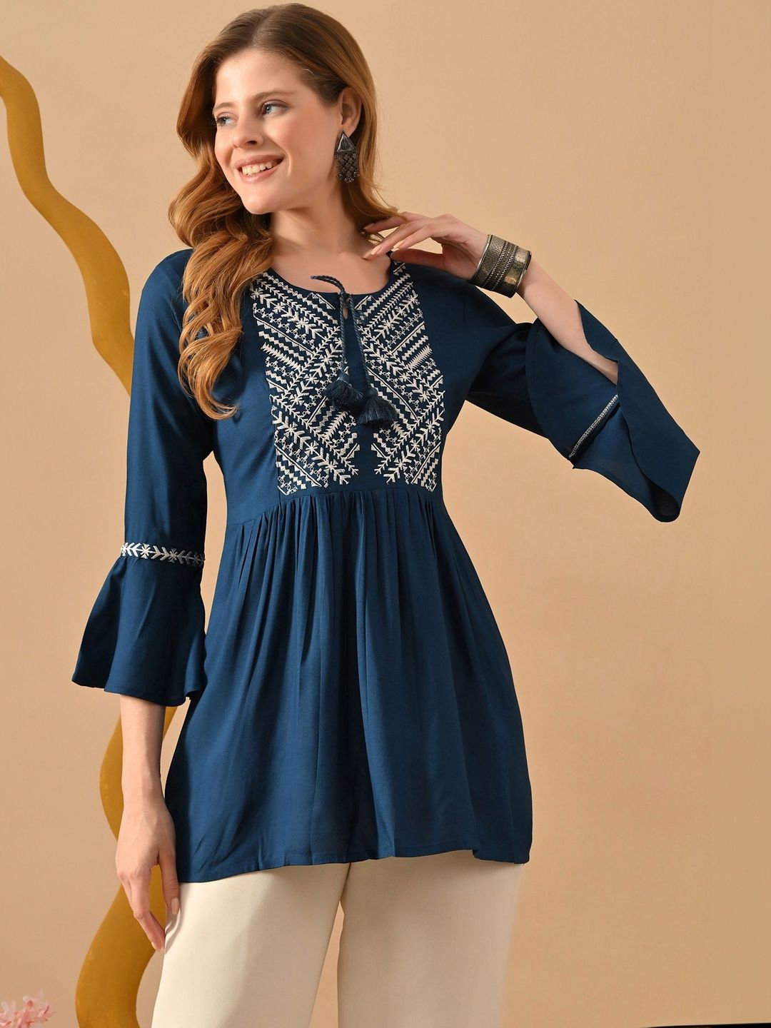 PHYSIL Ethnic Motifs Embroidered Thread Work Pure Cotton Thread Work Empire Kurti
